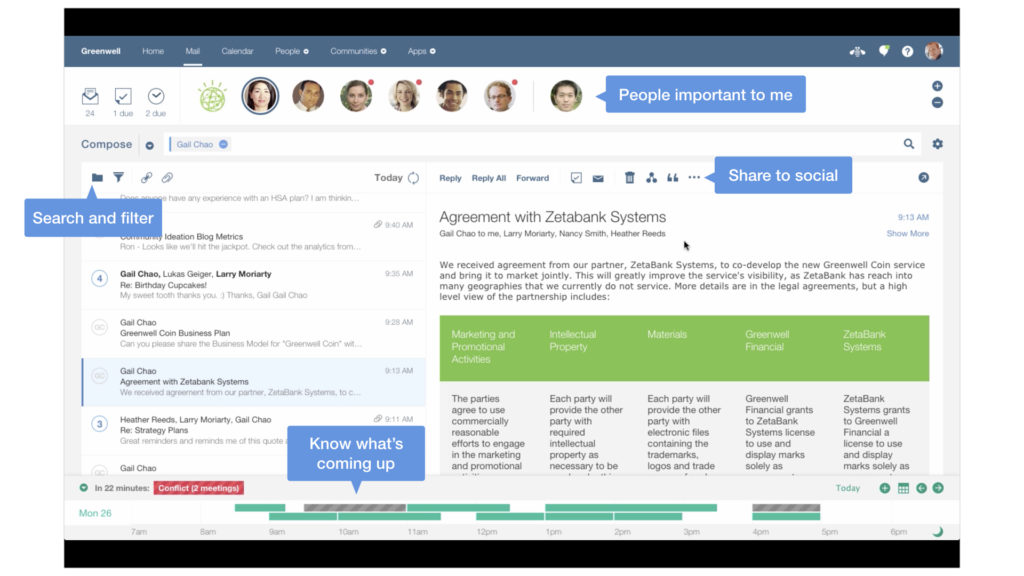 Screen shot of IBM Verse web client with callouts